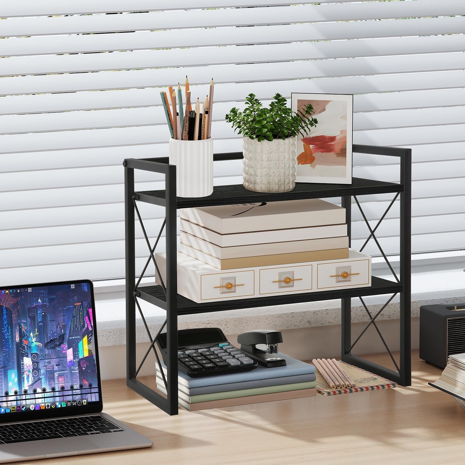 Two-Tier Wooden Desktop Display and Storage Rack - Image 2
